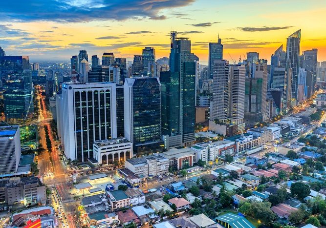Eleveted, night view of Makati, the business district of Metro Manila, Philippines
